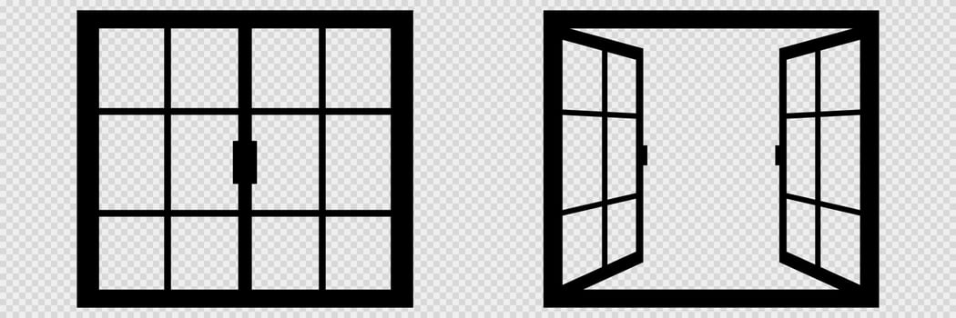 Closed and open window on transparent background. Isolated thin window in black color. Silhouette of empty rectangular border. Classic concept of interior. Vector illustration. EPS 10.