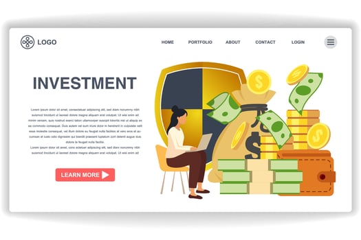A woman was sitting looking at the laptop. website page Investment. Modern flat design concept of web page design for website and mobile website vector