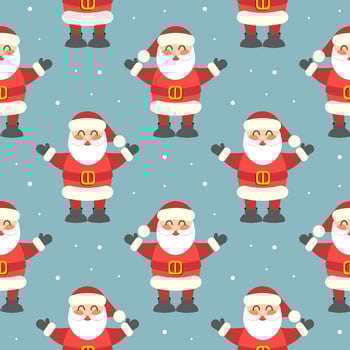 Seamless pattern, cute funny Santa on a blue background with snowflakes. Christmas print, textile, background, vector