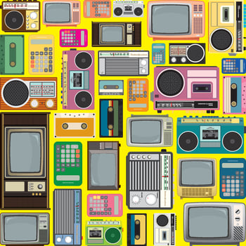 Colorful retro calculators, televisions, tape, cassette players and radio flat design vector illustration on yellow background.