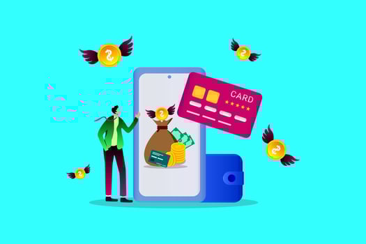 E-money Wallet with golden coin with wings and Mobile phone and banking card vector