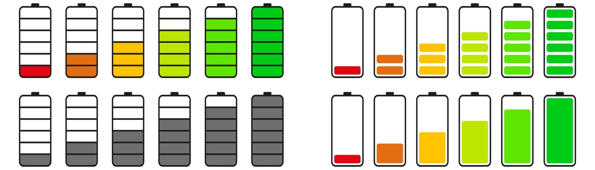 Mobile battery icons. Isolated battery indicator in flat. Mobile accumulator level. Low and high energy indicator. Capacity symbol set. Vector EPS 10