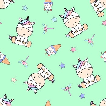 Cute cartoon unicorn, seamless pattern, decorative element on green background. baby fabric design, wallpaper, gift wrapping paper vector