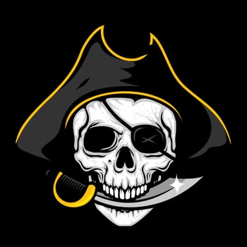 Pirate skull with sword, Design element for logo, poster, card, banner, emblem, t shirt. Vector illustration