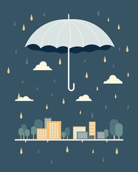 city on rainy cloudy day with umbrella vector illustration