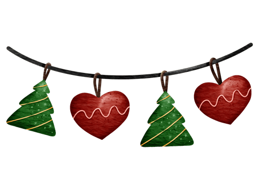 Isolated cute christmas tree and heart ornament with rope in watercolor style and transparent background png