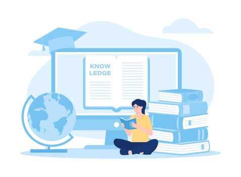 Tiny student sitting on book pile and reading, glossary concept flat illustration vector