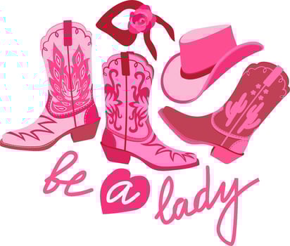 2000s style. Pink trendy collection. Retro cowgirl in pink. Glamorous set for woman in fashionable color. Vector isolated illustration. Pinkcore. Be a lady.