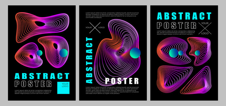 A set of futuristic cyberpunk posters. Retro futuristic poster in brutalism style. Y2k , strange shapes, gradient vector
