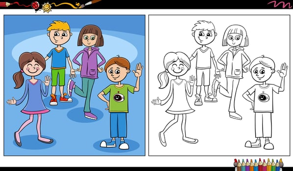 comic children and teens characters group coloring page vector