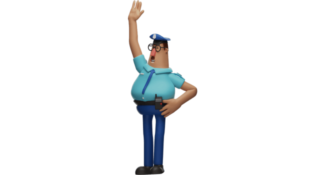 3D illustration. Police 3D Cartoon Character. The fat cop is directing traffic. The policeman raised one hand to give directions to motorists. 3D Cartoon Character png