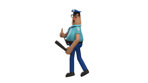 3D illustration. High Police 3D Cartoon Character. The police walked while carrying his security batons. The sweet policeman stepped forward and looked to the side. 3D Cartoon Character png