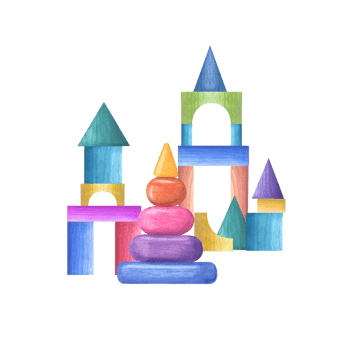 Castle built from wooden children blocks. Pyramid, cube, cone, ball, bricks. Child Toys. Games with kids. Watercolor illustration for print, poster, wallpaper, wrapping, png