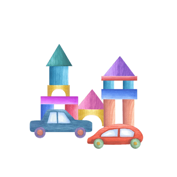 Houses, cars built from wooden children blocks. Pyramid, cube, cone, ball, bricks. Child Toys. Games with kids. Watercolor illustration for print, poster, wallpaper, wrapping, png