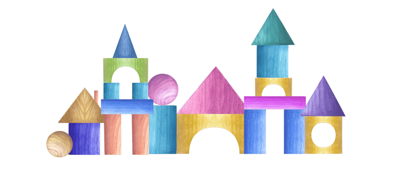 Castle built from wooden children blocks. Pyramid, cube, cone, ball, bricks. Child Toys. Games with kids. Watercolor illustration for print, poster, wallpaper, wrapping, png