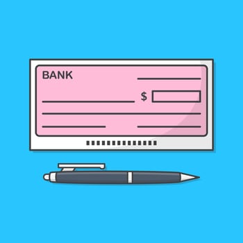 Bank Check Or Bank Cheque With Pen Vector Icon Illustration. Blank Cheque Flat Icon