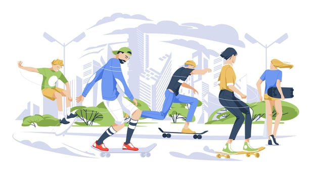 five skateboarders on a fishing rod perform tricks. Cityscape with skyscrapers isolated on white background, flat vector illustration
