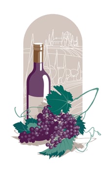 Retro poster with a bottle of red wine and a bunch of grapes on the background of a winery landscape. flat vector illustration