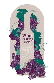 Retro poster with a bottle containing a winery landscape on a background of grapes. flat vector illustration