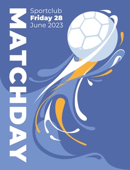 Football game poster. The ball flies among the splash. Blue flyer design. Vector flat illustration