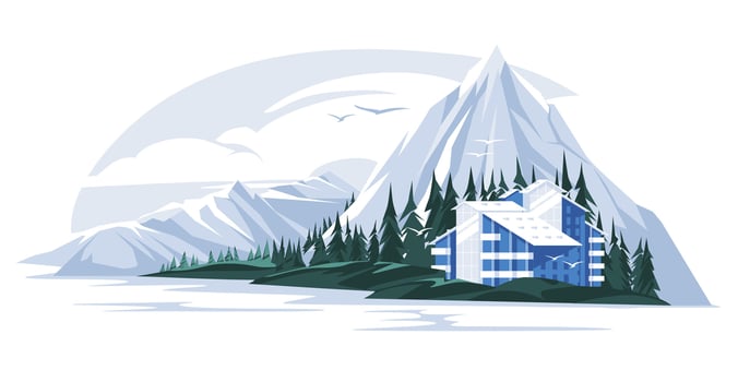 mountain hotel in a coniferous forest near a lake or river. Nature recreation landscape concept. Vector flat illustration