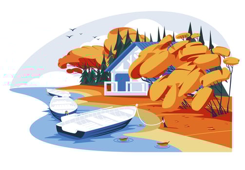 wooden houses for recreation, cottages near a coniferous autumn forest, a lake or a river. Fishing and boating. The concept of accommodation for outdoor recreation. Vector flat illustration