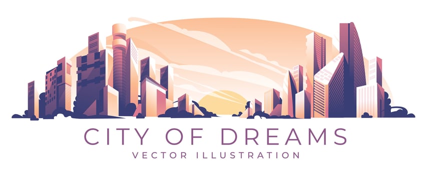 city background sunset. Large horizontal panorama with skyscrapers. Modern buildings. Vector illustration