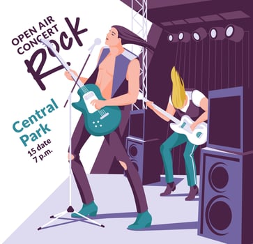 Guitarist and bassist in the rock genre on stage. Flyer poster design for concert festival flat vector illustration