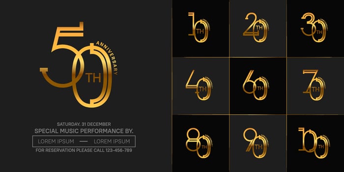 set of anniversary golden color with black background for special celebration event vector