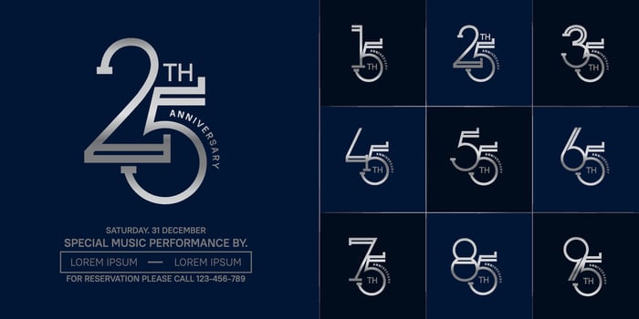 set of anniversary silver color with blue background for special celebration event vector