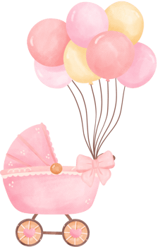 Cute baby shower girl pink pram with balloon png