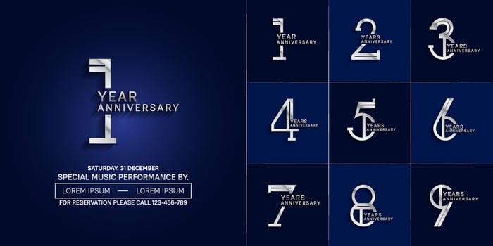 set of anniversary glossy silver color with blue background for special celebration event vector