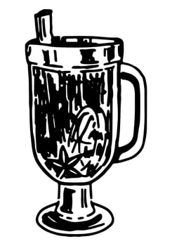 Doodle of transparent glass cup of mulled wine. Sketch of cold season cozy beverage. Hand drawn vector illustration. Single clip art isolated on white.