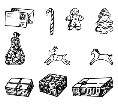 Set of Christmas holiday doodles. Xmas gift boxes, presents, toys, treats. Hand drawn vector illustrations. Outline clip arts collection isolated on white.