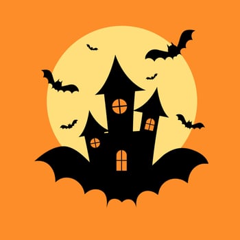 halloween castle with moonlight flat design. Haunted house spooky castle. Haloween party sign vector cover illustration. helloween icon collection. Flat design cartoon concept