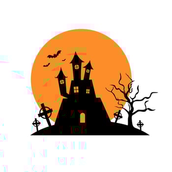 halloween castle with moonlight flat design. Haunted house spooky castle. Haloween party sign vector cover illustration. helloween icon collection. Flat design cartoon concept
