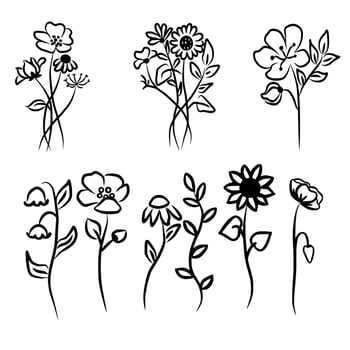 Natural Illustration Vector Of Flowers Bouquet And Meadow In Black Ink