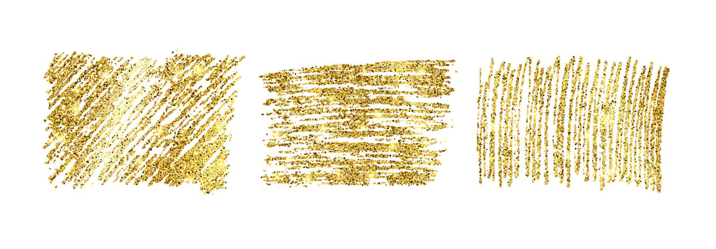 Set of three golden paint glittering backdrops on a white background. Background with gold sparkles and glitter effect. Empty space for your text.  Vector illustration