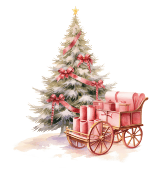 Christmas sleigh with presents, wreath and tree png