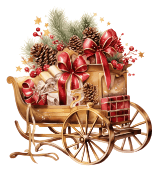 Christmas sleigh with presents, wreath and tree png