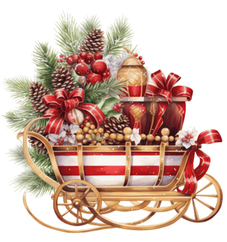 Christmas sleigh with presents, wreath and tree png