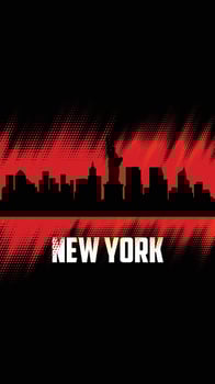 New York vector cities silhouette, red and black diagonal halftone background