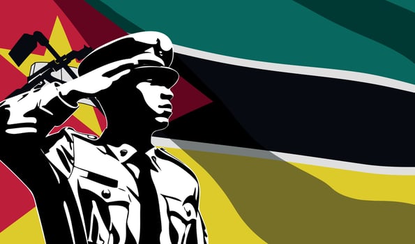 Silhouette of soldier with Mozambique flag on background. vector