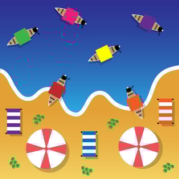 Summer beach top view with waves, umbrellas, coconut fruit, sunbathing area, and fishing boats. Summer time beach background templates in flat style. vector