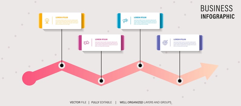 Business timeline workflow infographics. Corporate milestones graphic elements. Company presentation slide template with year periods. Modern vector history time line design.