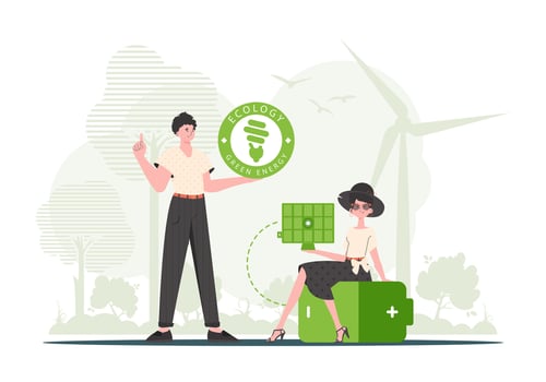 Woman and Man and solar panel. Eco energy concept. Vector illustration.