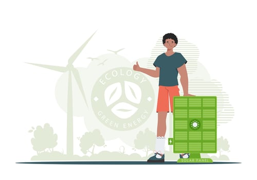 Green energy concept. A man stands near a solar panel. illustration. vector
