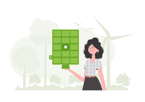 Eco energy concept. The girl holds a solar panel in her hand. Vector illustration.