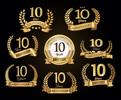 Collection of golden laurel wreaths anniversary badges vector illustration