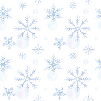 Snowflakes. Watercolor seamless pattern. Decorative winter background with hand drawn snowflakes, snow, stars. For fabric, wrapping paper, scrapbooking, postcards, invitations, cards vector